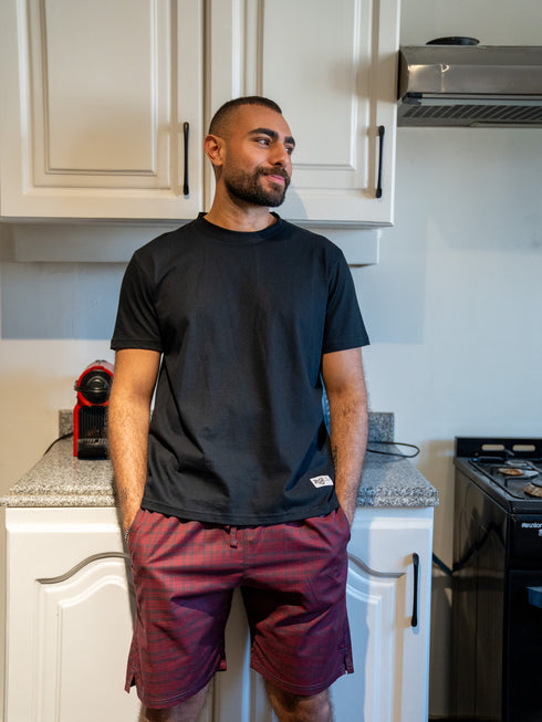 Men summer pajama set Black T-shirt + Black X Dark Red Checkered Short